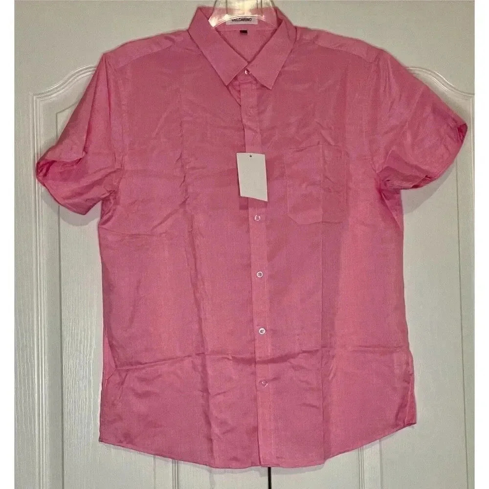 DELCARINO‎ Men's M Short Sleeve Button Up Linen Shirt Summer Casual Pocket Pink